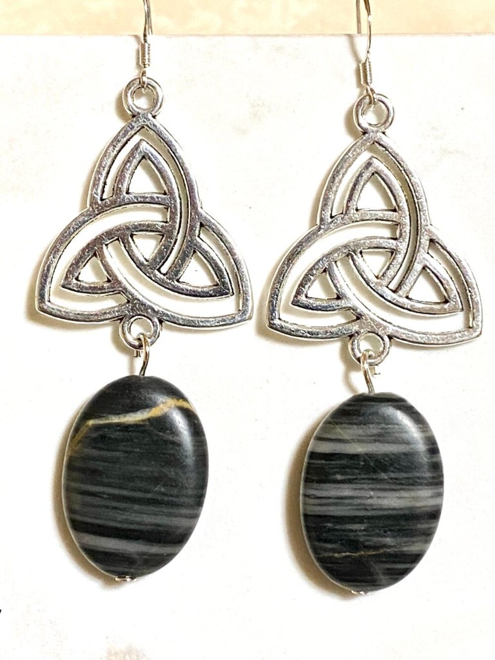 2/$20, Black Banded Agate Triqueta Dangle Earrings, Gemstone & 925 Silver Hooks